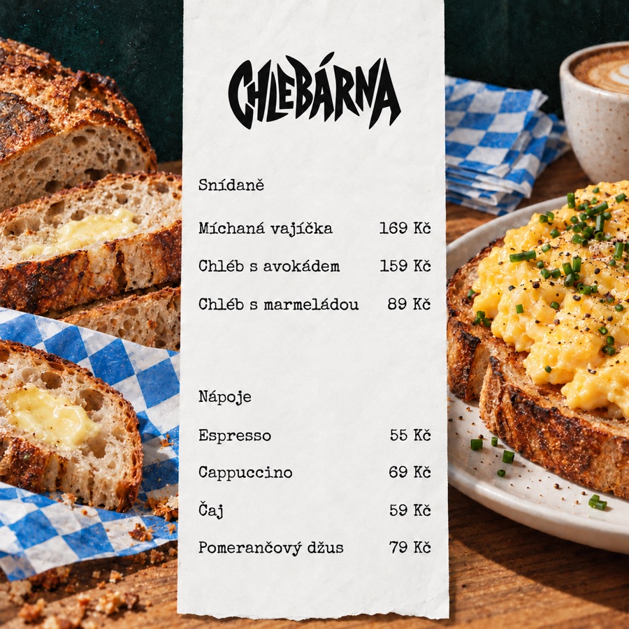 Menu na pruhu papíru přes chléb a míchaná vajíčka
